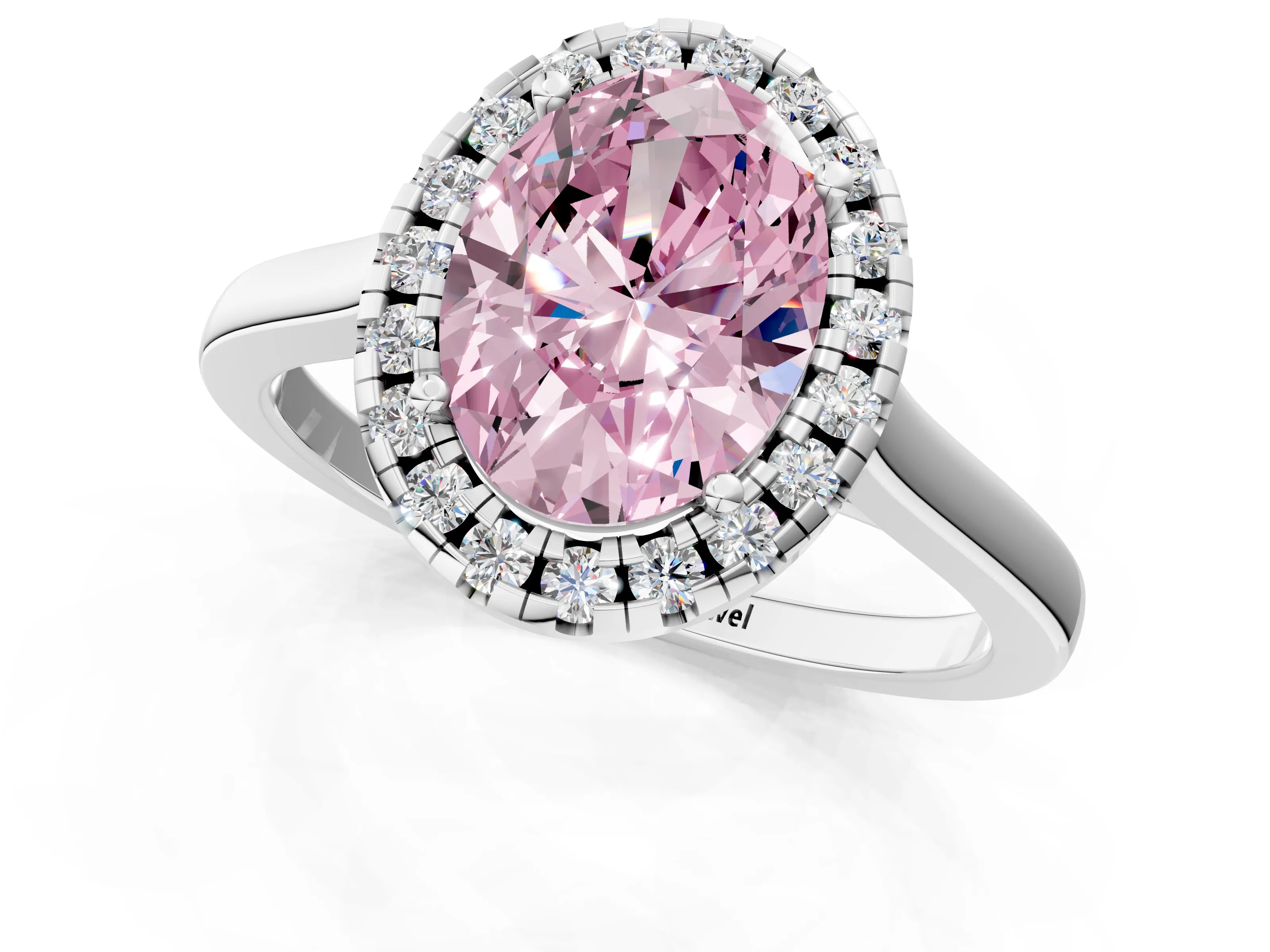 White gold Fancy Pink Oval Cut Halo Round Diamond Solitaire Ring with Pavé Band and Four-Prong Setting_1