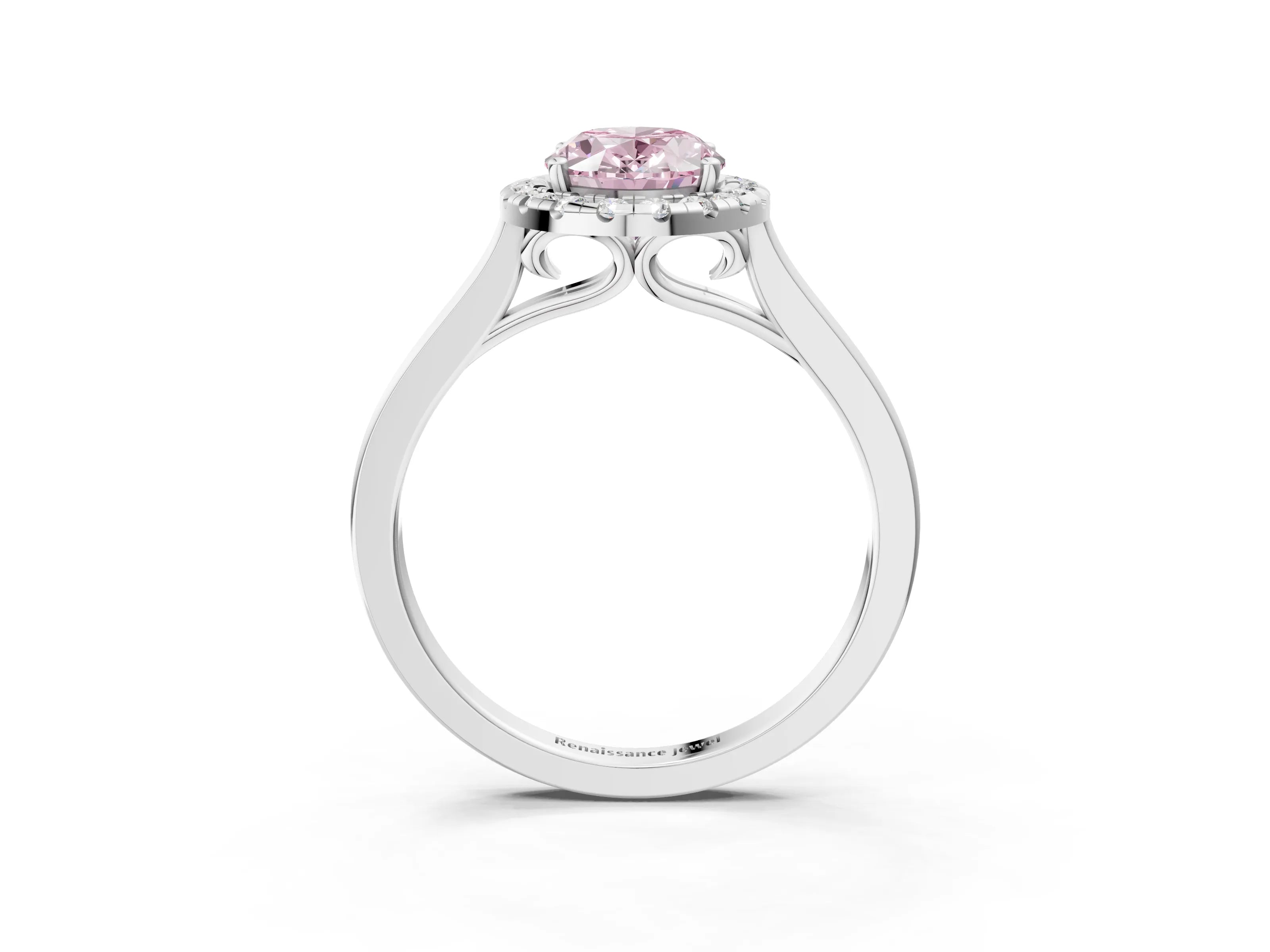 White gold Fancy Pink Oval Cut Halo Round Diamond Solitaire Ring with Pavé Band and Four-Prong Setting_3