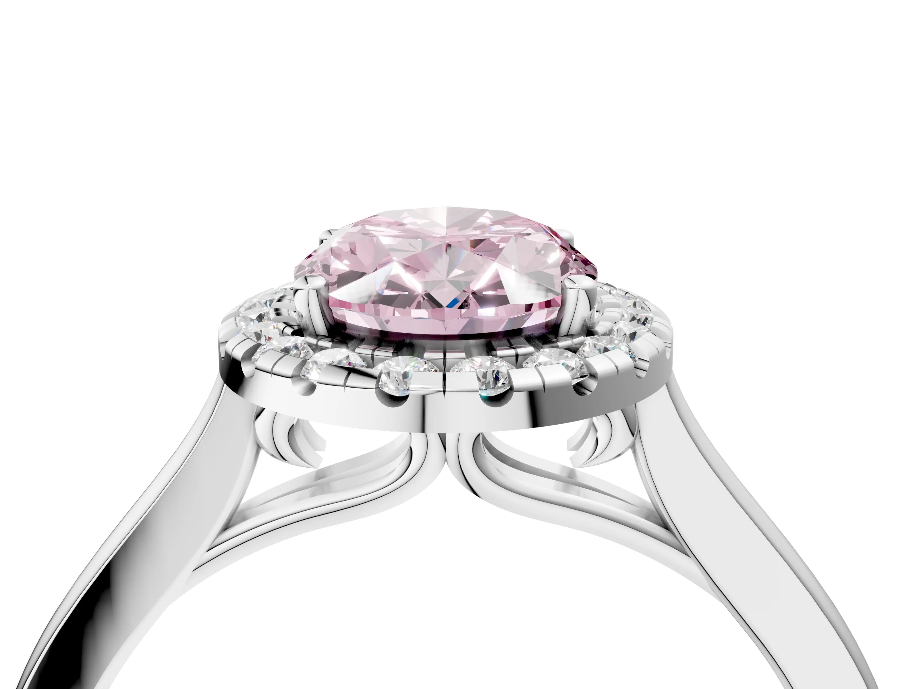 White gold Fancy Pink Oval Cut Halo Round Diamond Solitaire Ring with Pavé Band and Four-Prong Setting_4