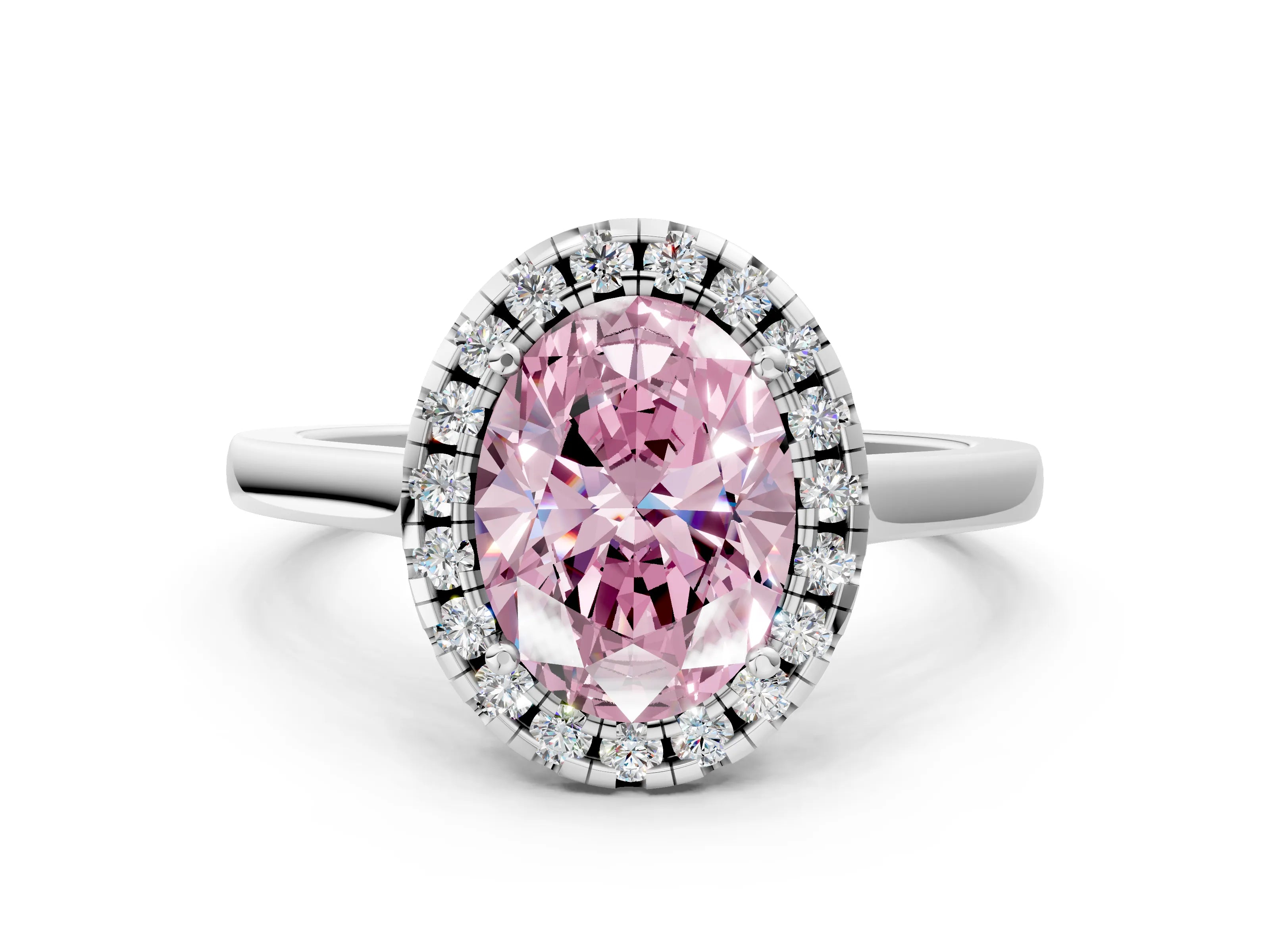 White gold Fancy Pink Oval Cut Halo Round Diamond Solitaire Ring with Pavé Band and Four-Prong Setting