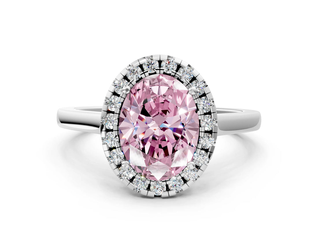 White gold Fancy Pink Oval Cut Halo Round Diamond Solitaire Ring with Pavé Band and Four-Prong Setting
