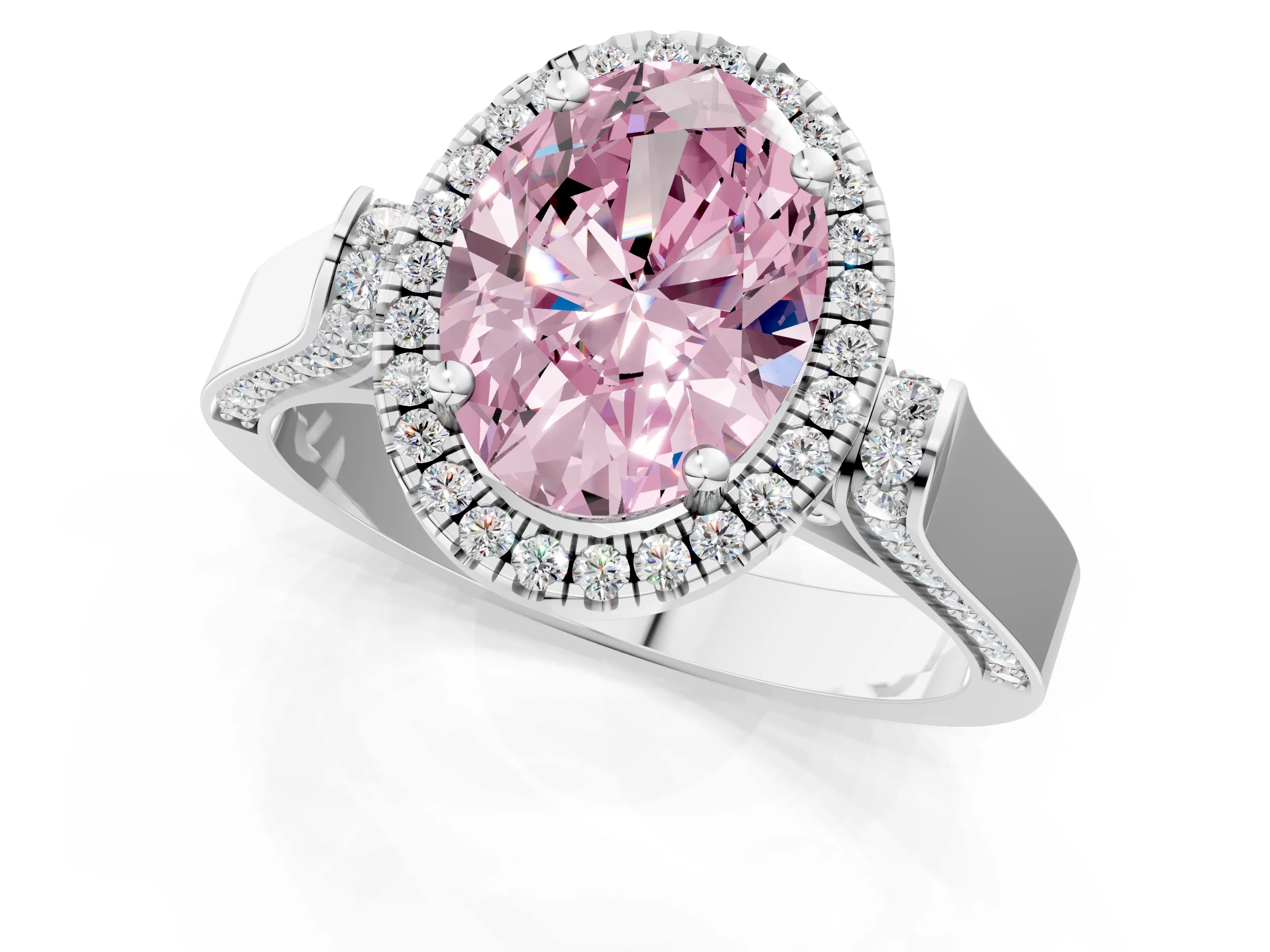 White gold Fancy Pink Oval Cut Halo Round Diamond Twist Band with Four-Prong Setting_1