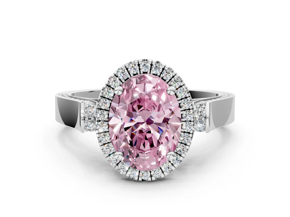 White gold Fancy Pink Oval Cut Halo Round Diamond Twist Band with Four-Prong Setting_24