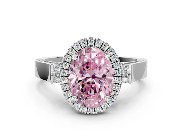 White gold Fancy Pink Oval Cut Halo Round Diamond Twist Band with Four-Prong Setting