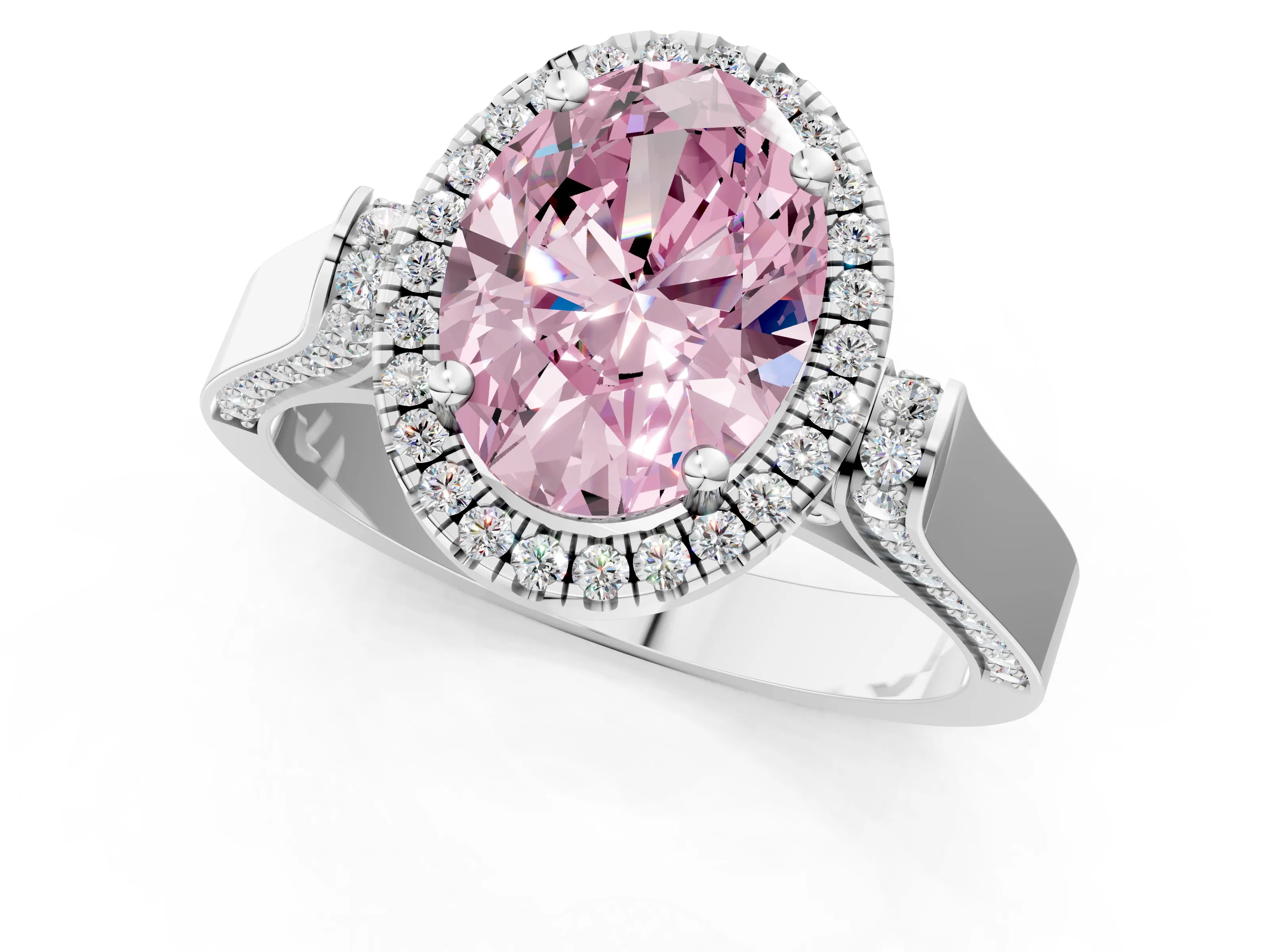 White gold Fancy Pink Oval Cut Halo Round Diamond Twist Band with Four-Prong Setting_25