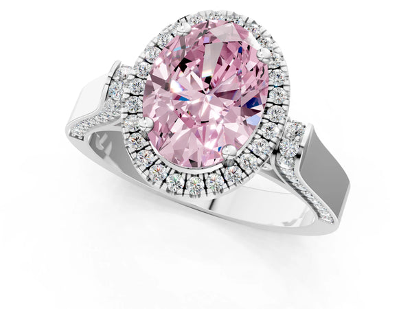White gold Fancy Pink Oval Cut Halo Round Diamond Twist Band with Four-Prong Setting