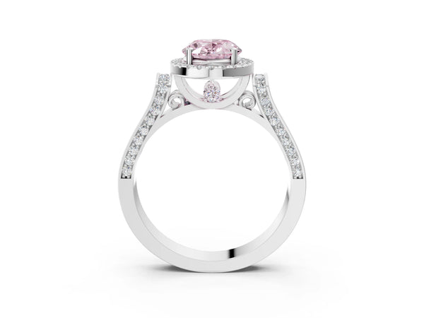 White gold Fancy Pink Oval Cut Halo Round Diamond Twist Band with Four-Prong Setting