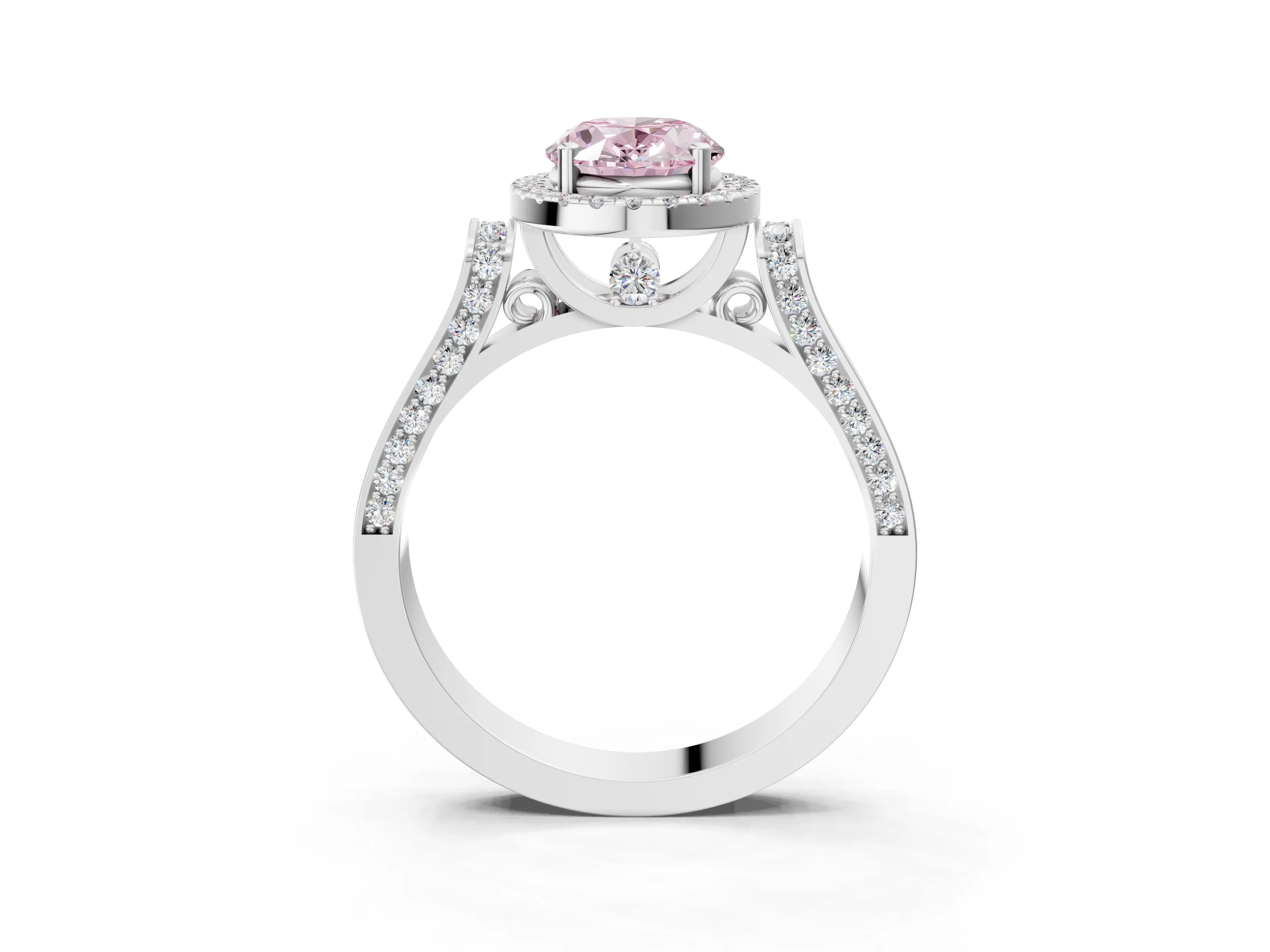White gold Fancy Pink Oval Cut Halo Round Diamond Twist Band with Four-Prong Setting_3