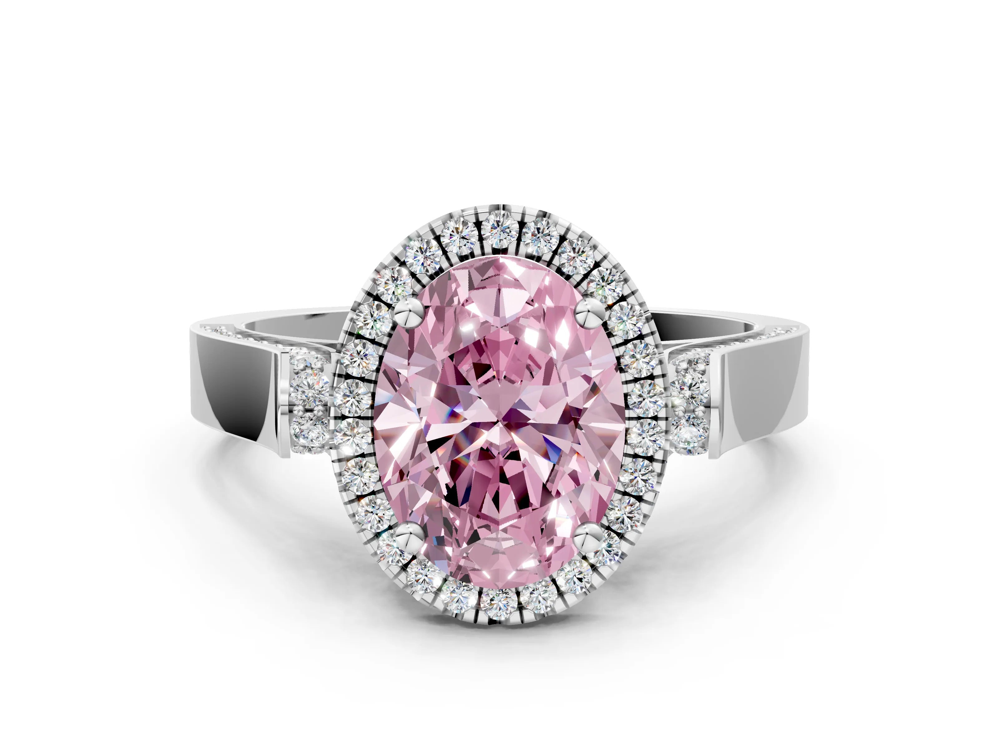 White gold Fancy Pink Oval Cut Halo Round Diamond Twist Band with Four-Prong Setting