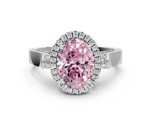 White gold Fancy Pink Oval Cut Halo Round Diamond Twist Band with Four-Prong Setting