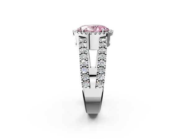 Platinum Fancy Pink Oval  Cut Halo Split Shank Diamond Ring with Four-Prong Setting
