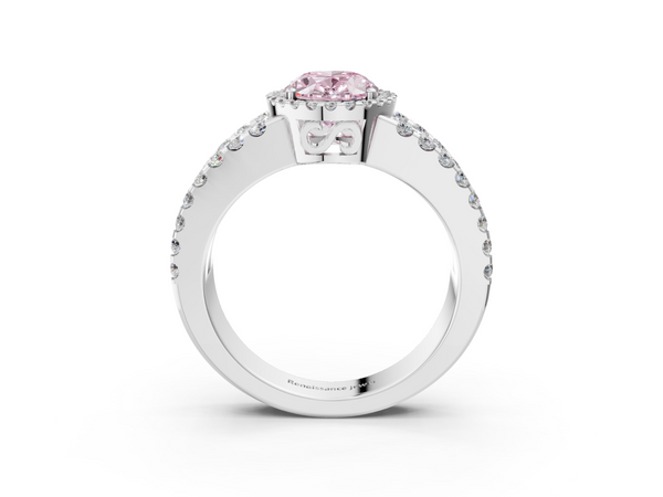 Platinum Fancy Pink Oval  Cut Halo Split Shank Diamond Ring with Four-Prong Setting