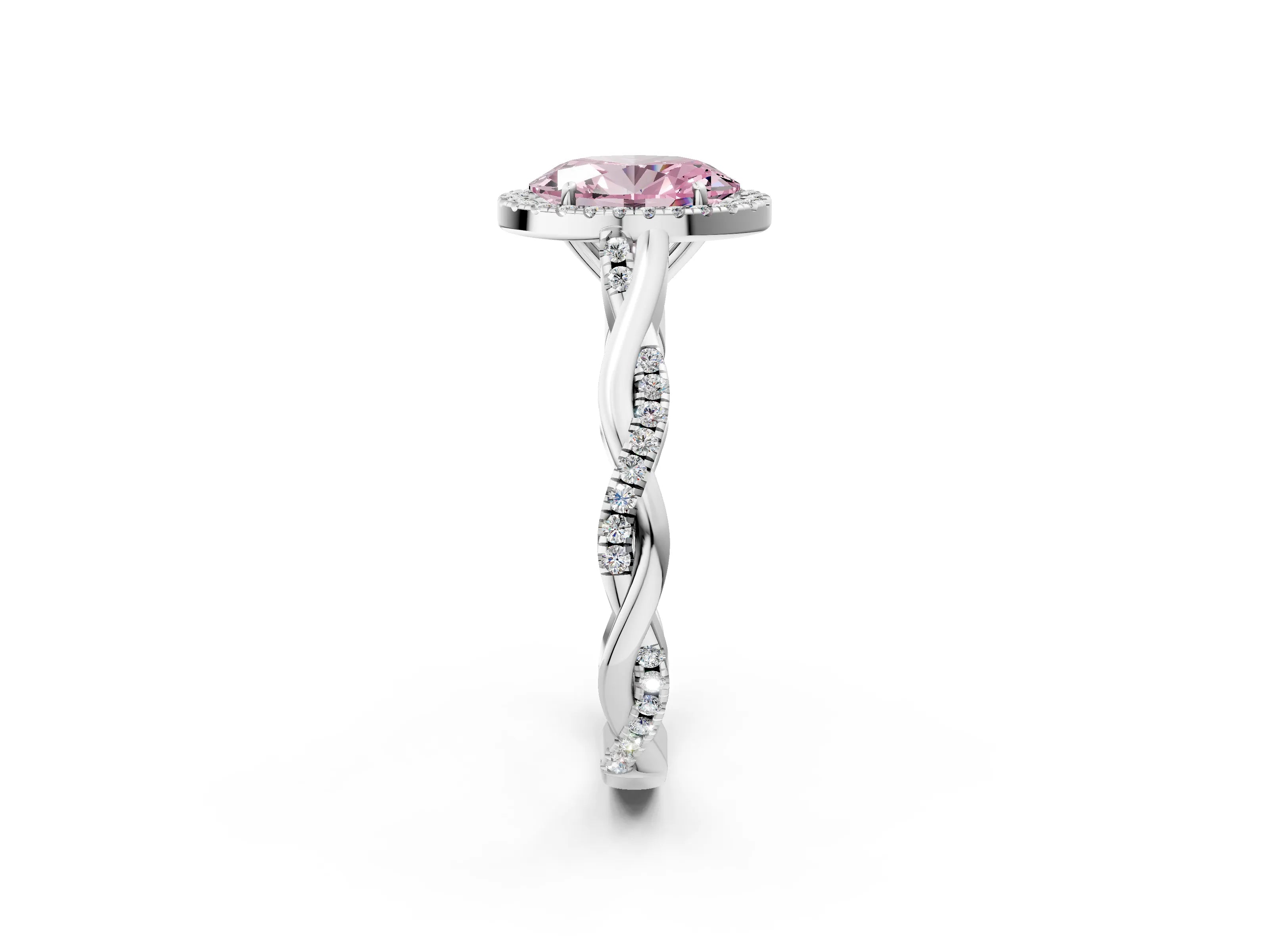 White gold Fancy Pink Oval Cut Halo Twist Band with Four-Prong Setting_2