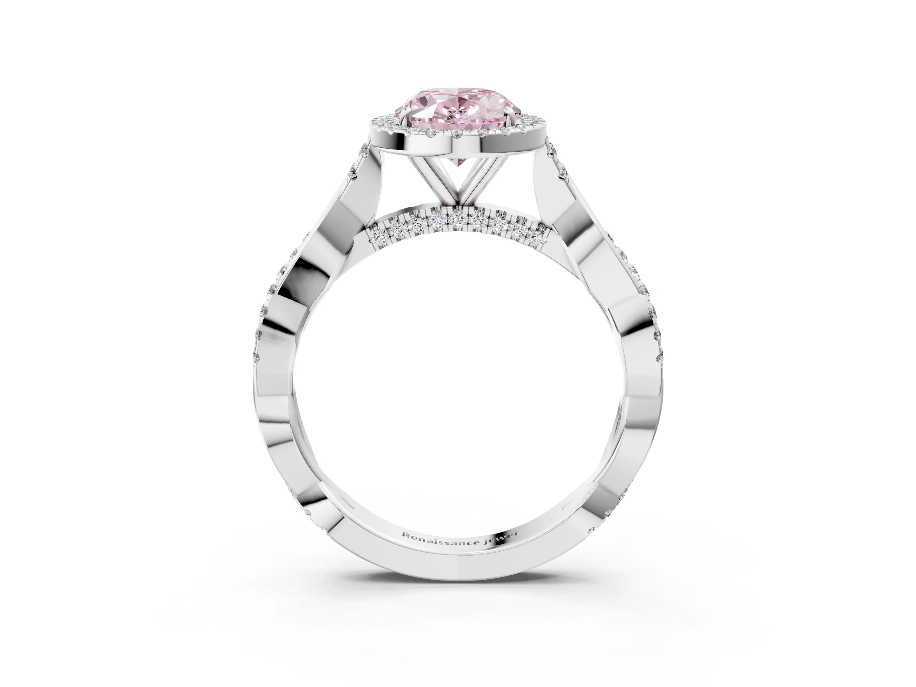 White gold Fancy Pink Oval Cut Halo Twist Band with Four-Prong Setting_3