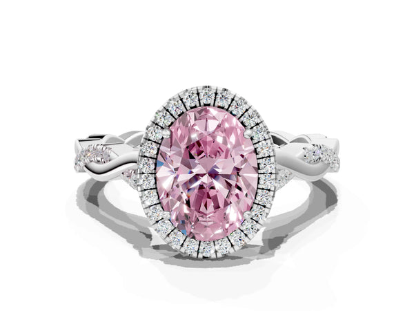 White gold Fancy Pink Oval Cut Halo Twist Band with Four-Prong Setting