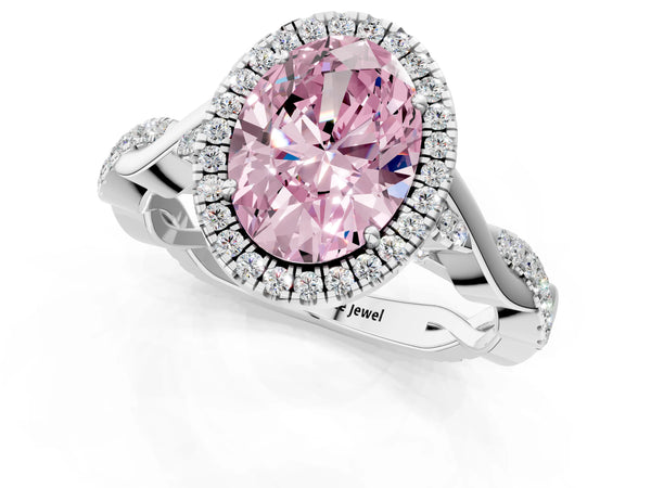 White gold Fancy Pink Oval Cut Halo Twist Band with Four-Prong Setting