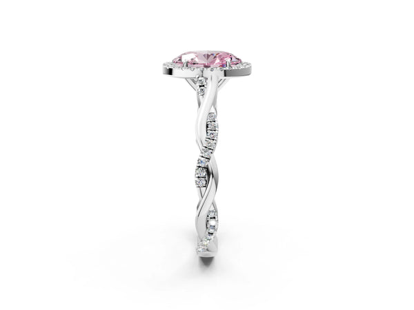 White gold Fancy Pink Oval Cut Halo Twist Band with Four-Prong Setting