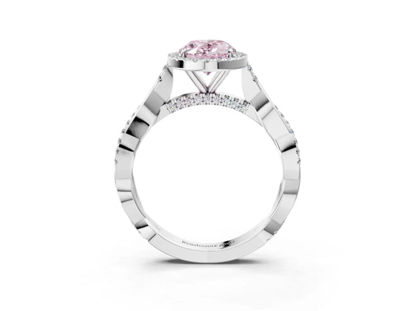 White gold Fancy Pink Oval Cut Halo Twist Band with Four-Prong Setting