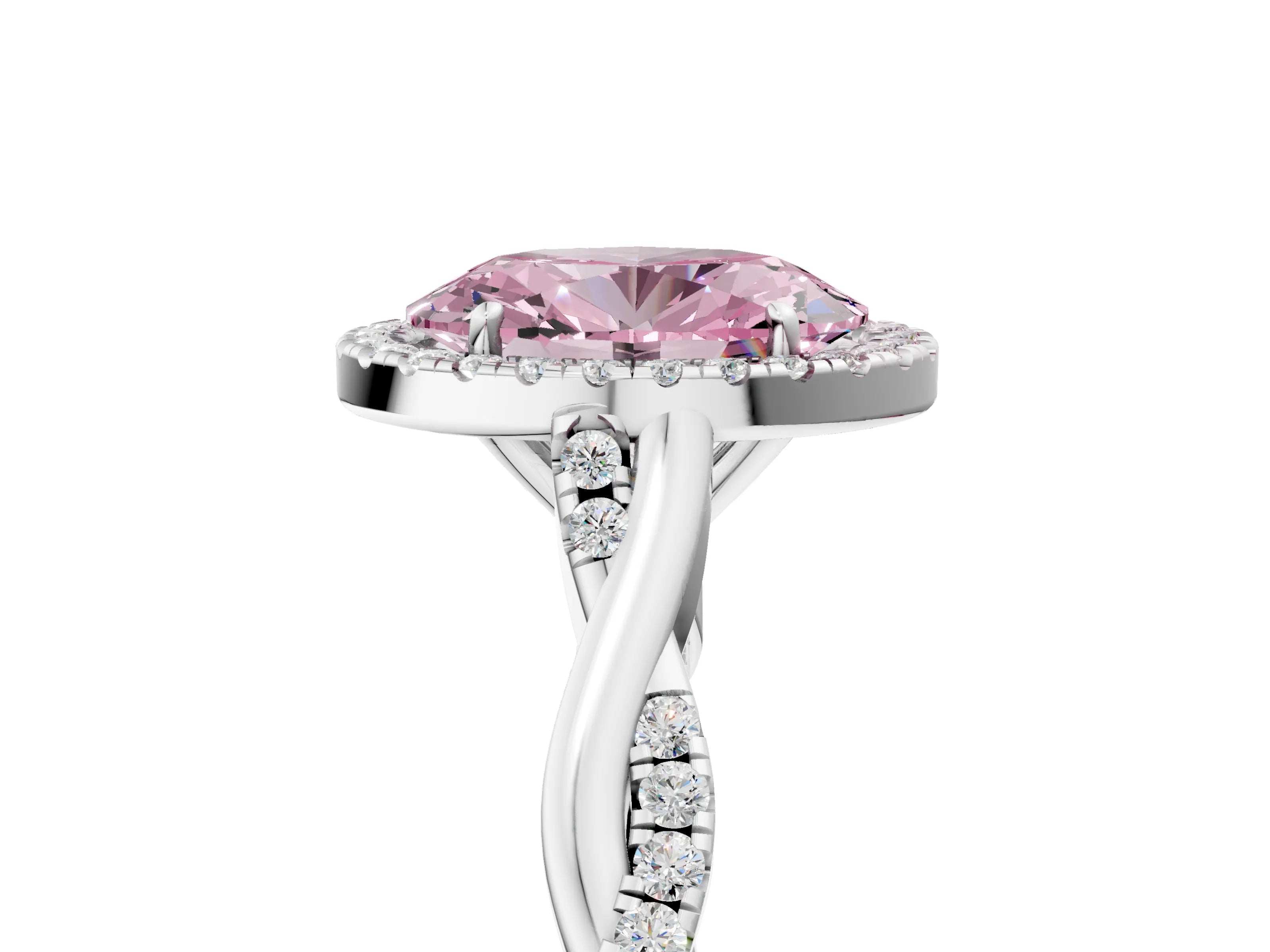 White gold Fancy Pink Oval Cut Halo Twist Band with Four-Prong Setting_77