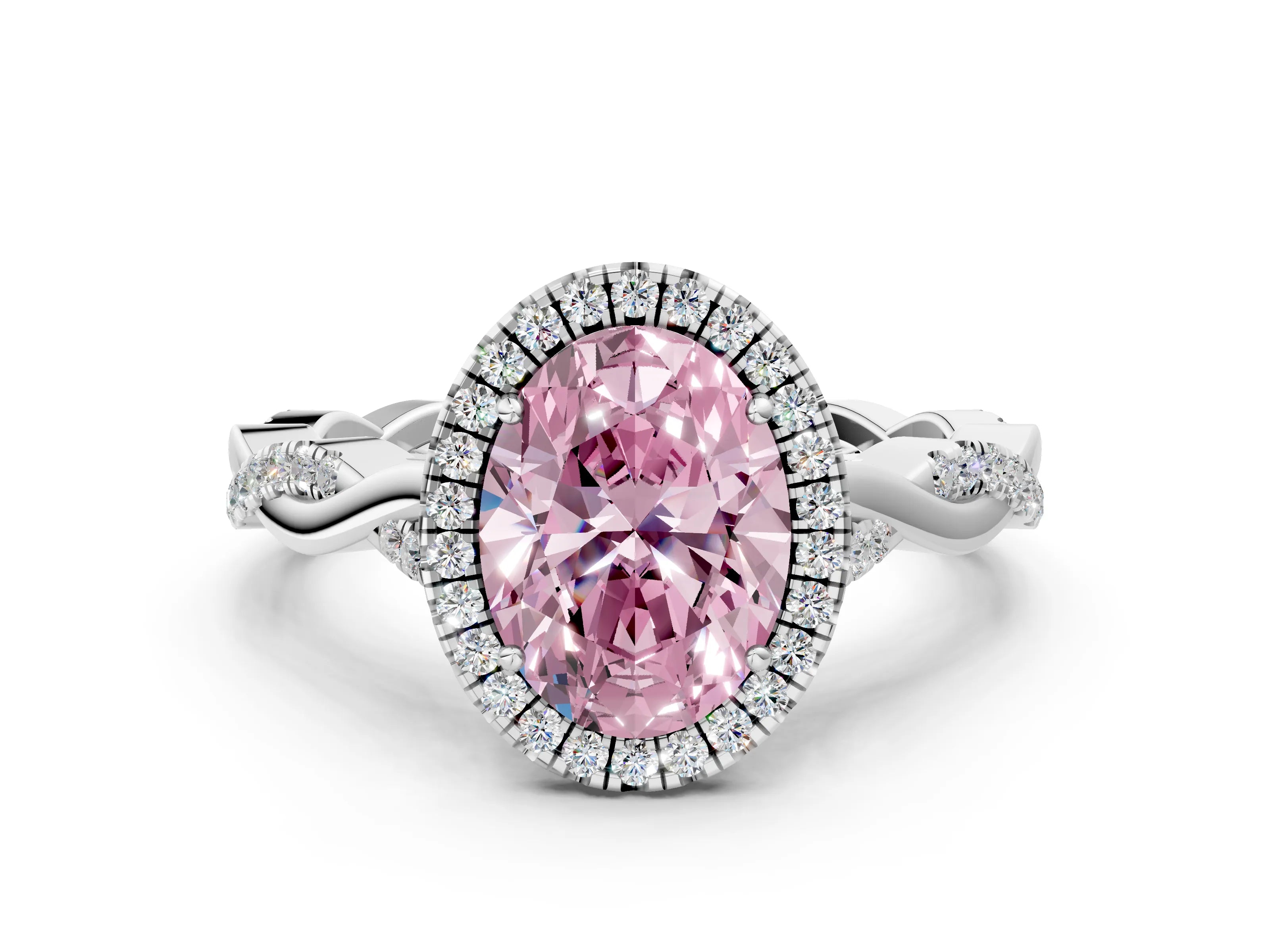 White gold Fancy Pink Oval Cut Halo Twist Band with Four-Prong Setting