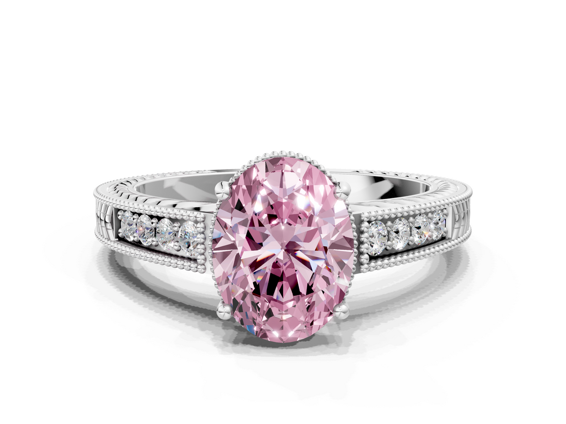 White gold Fancy Pink Oval  Cut Milgrain Channel Set Engagement Ring with Solitaire Prong Setting_108