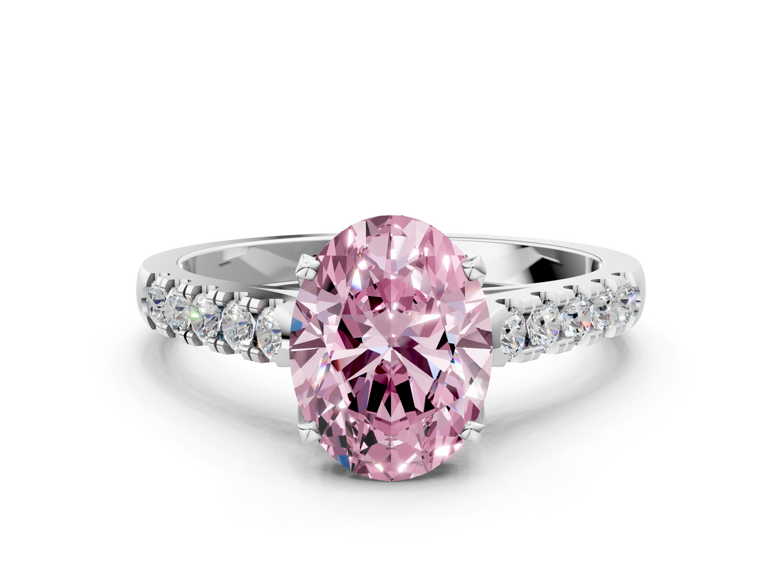 White gold Fancy Pink Oval  Cut Pavé Band Solitaire Ring with Four-Prong Setting_39