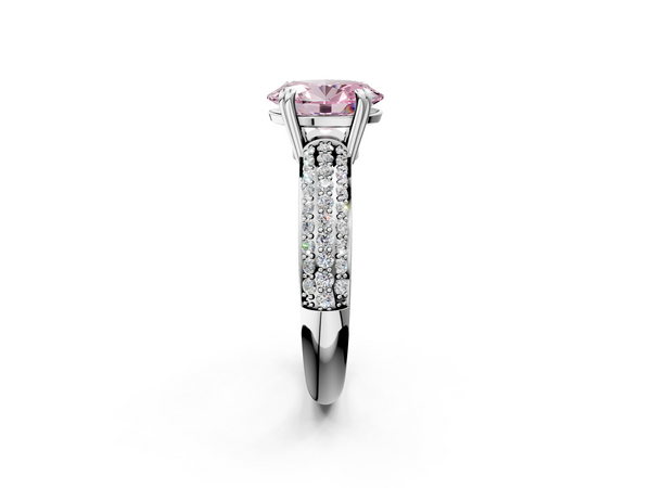 Platinum Fancy Pink Oval  Cut Pave Diamond Engagement Ring with Channel Set Band and Four-Prong Setting