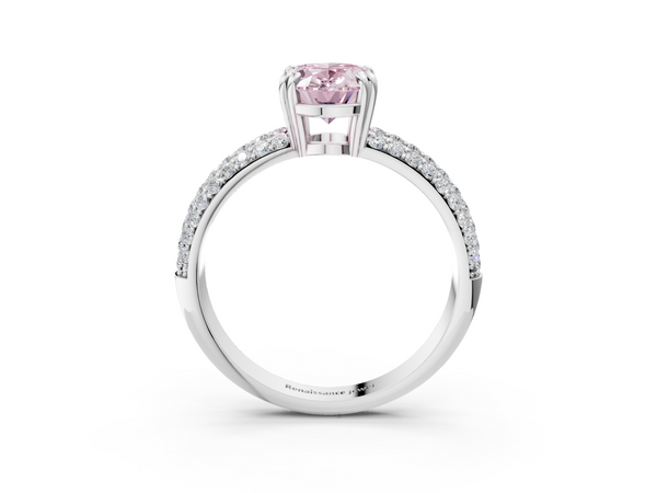 Platinum Fancy Pink Oval  Cut Pave Diamond Engagement Ring with Channel Set Band and Four-Prong Setting