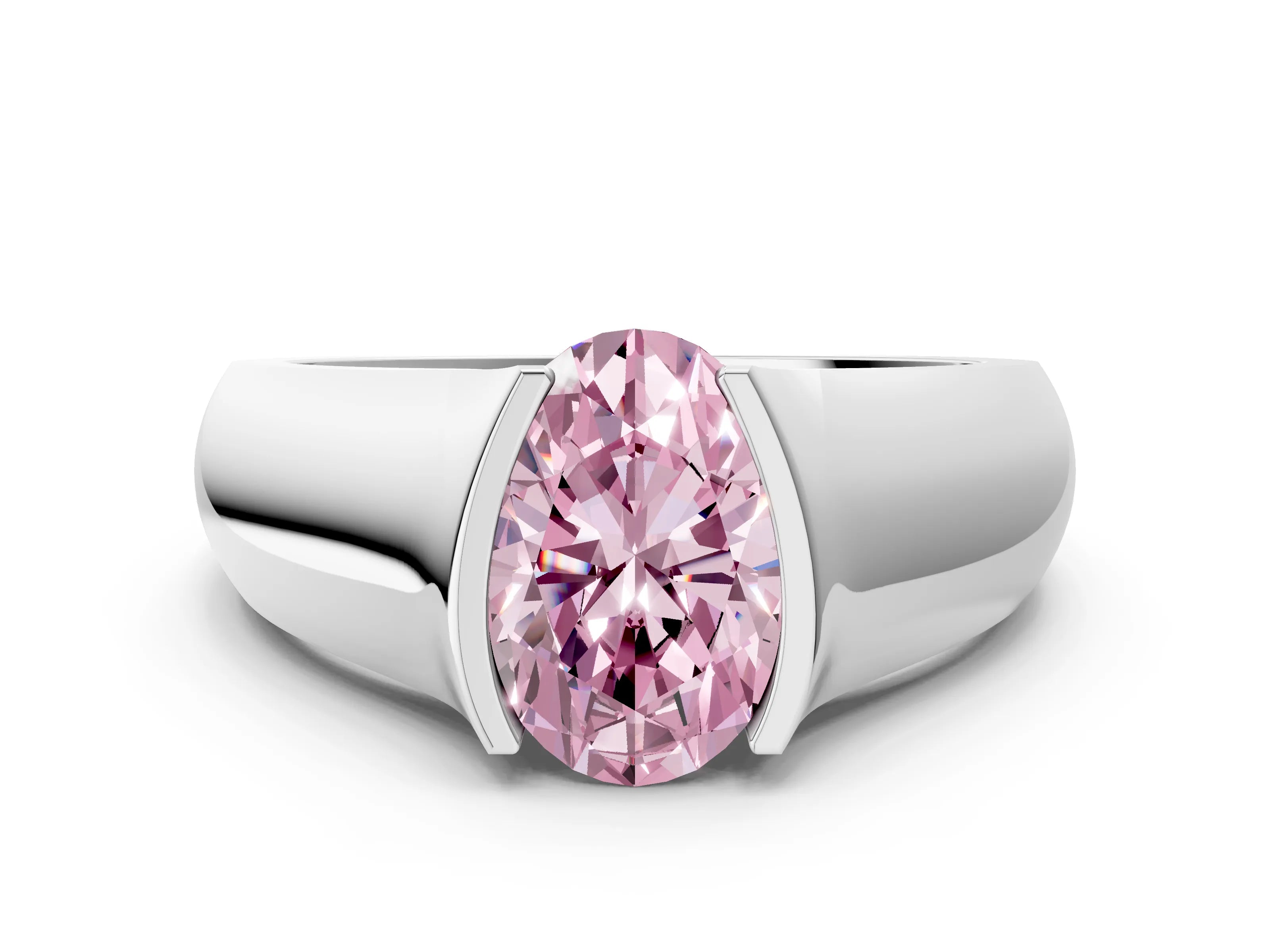 White gold Fancy Pink Oval Cut Solitaire Bezel Set Diamond Ring with Wide Band_12