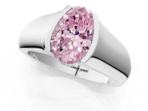 White gold Fancy Pink Oval Cut Solitaire Bezel Set Diamond Ring with Wide Band_13
