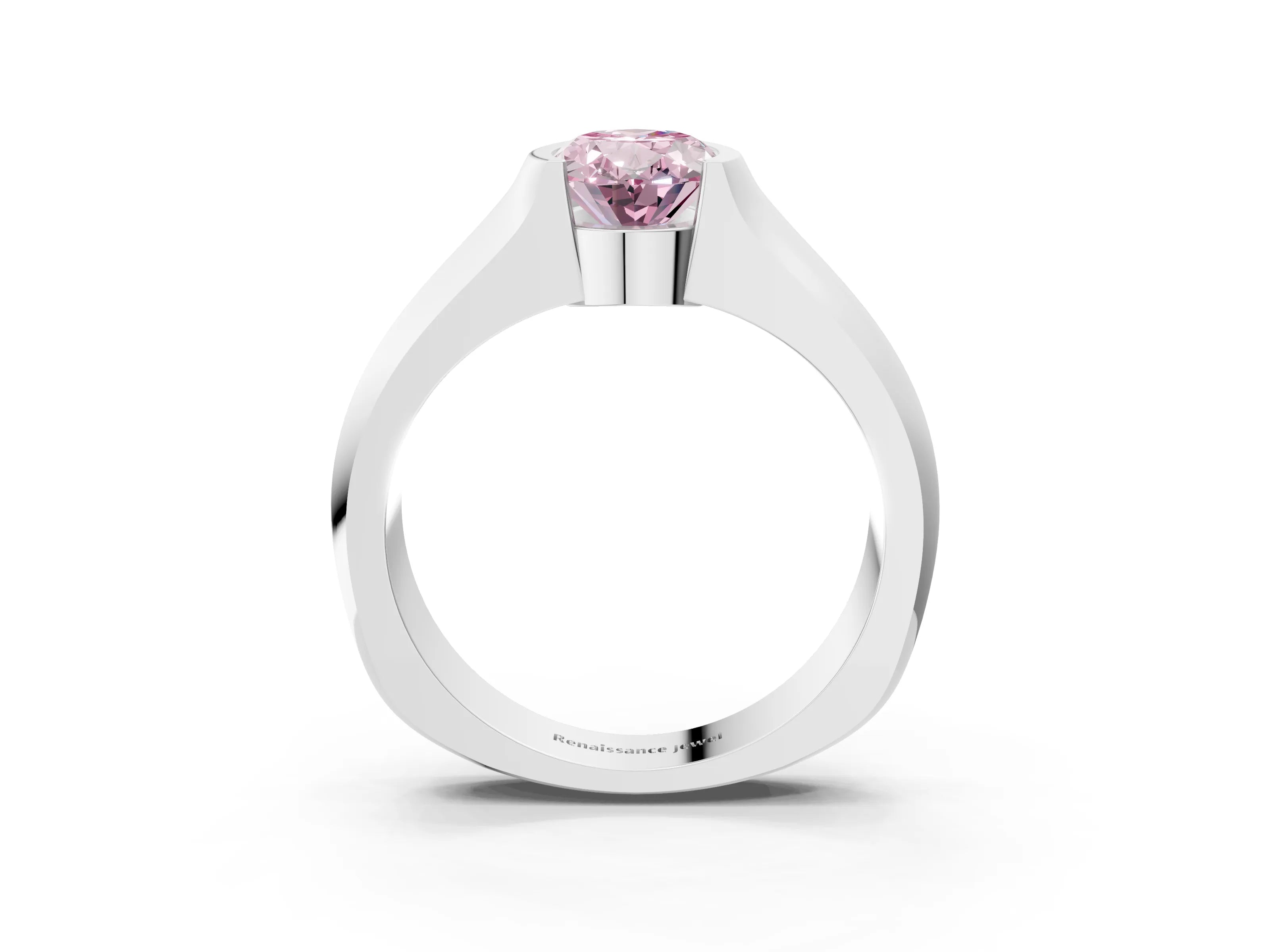 White gold Fancy Pink Oval Cut Solitaire Bezel Set Diamond Ring with Wide Band_15