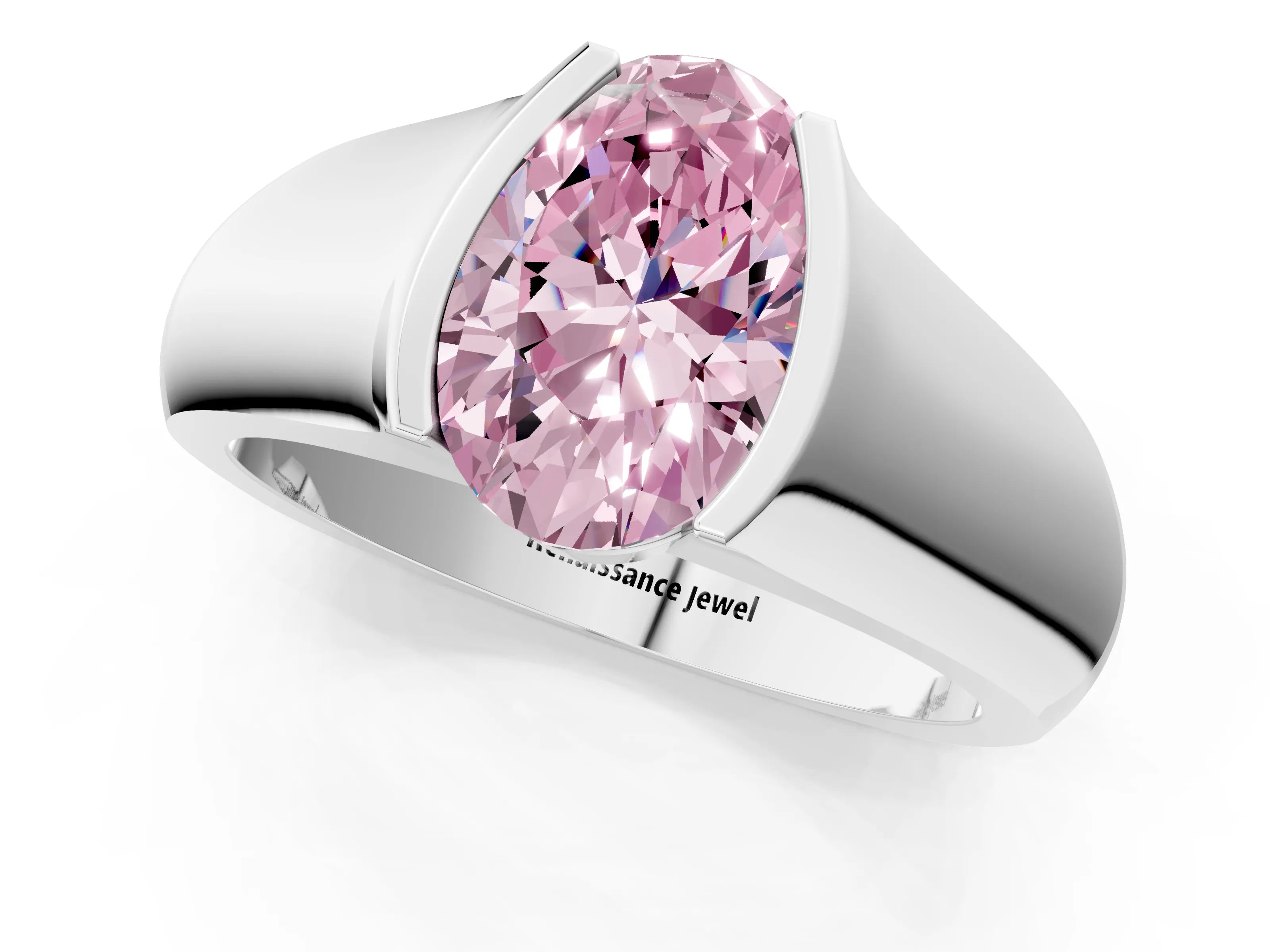 White gold Fancy Pink Oval Cut Solitaire Bezel Set Diamond Ring with Wide Band_1