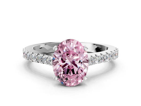 White gold Fancy Pink Oval  Cut Solitaire Diamond Engagement Ring with Pave Band and Four-Prong Setting