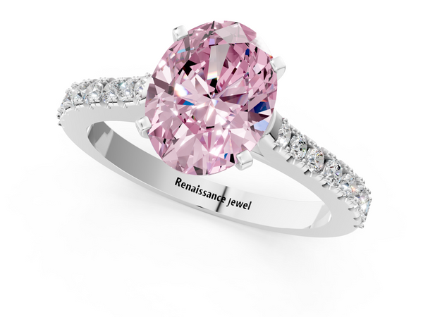 White gold Fancy Pink Oval  Cut Solitaire Diamond Engagement Ring with Pave Band and Four-Prong Setting