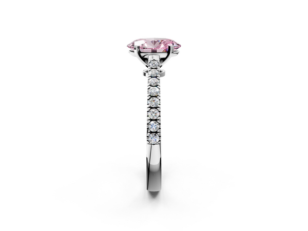 White gold Fancy Pink Oval  Cut Solitaire Diamond Engagement Ring with Pave Band and Four-Prong Setting