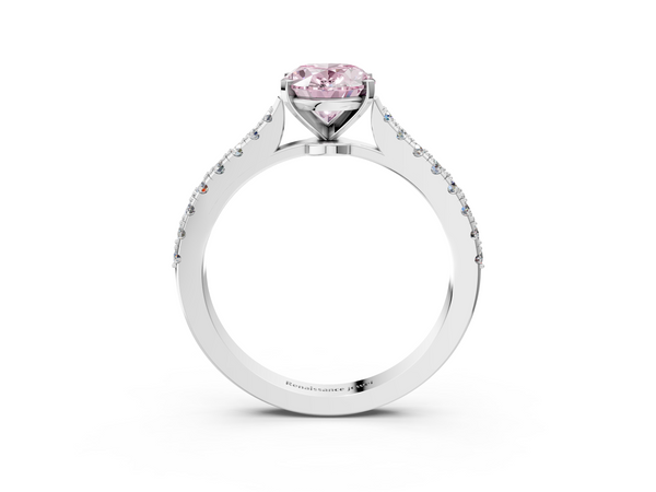 White gold Fancy Pink Oval  Cut Solitaire Diamond Engagement Ring with Pave Band and Four-Prong Setting