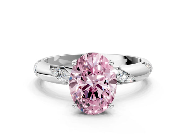 White gold Fancy Pink Oval Cut Solitaire Diamond Engagement Ring with Twisted Pave Band and Four-Prong Setting