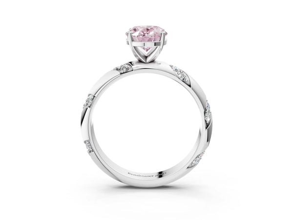 White gold Fancy Pink Oval Cut Solitaire Diamond Engagement Ring with Twisted Pave Band and Four-Prong Setting