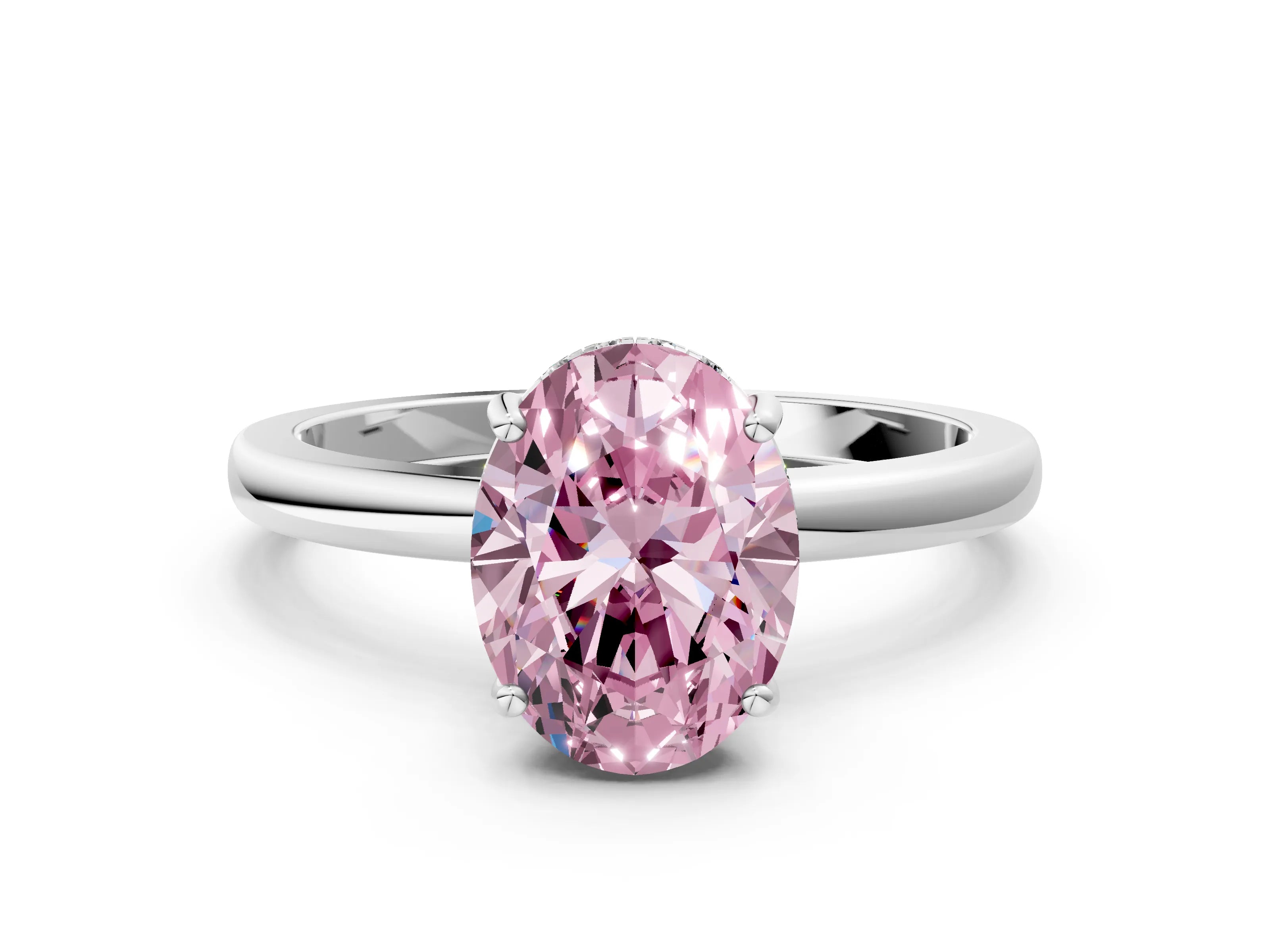 White gold Fancy Pink Oval Cut Solitaire Diamond Ring with Prong Setting and Plain Band