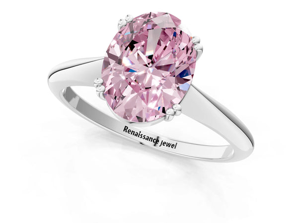 Platinum Fancy Pink Oval Cut Solitaire Diamond Ring with Six-Prong Setting and Classic Band