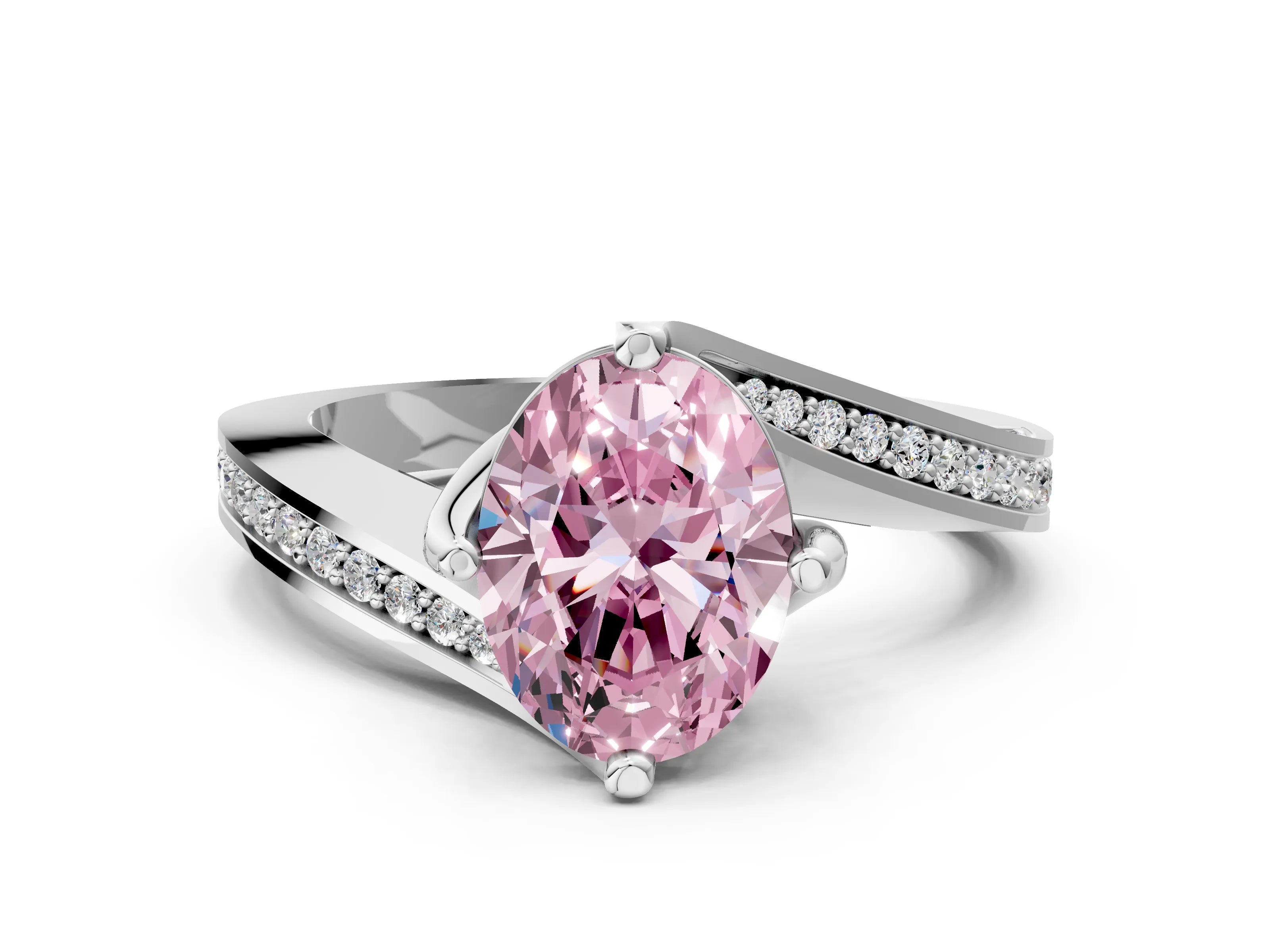 White gold Fancy Pink Oval Cut Solitaire Diamond Twist Band with Pavé Setting and Four-Prong Setting_12