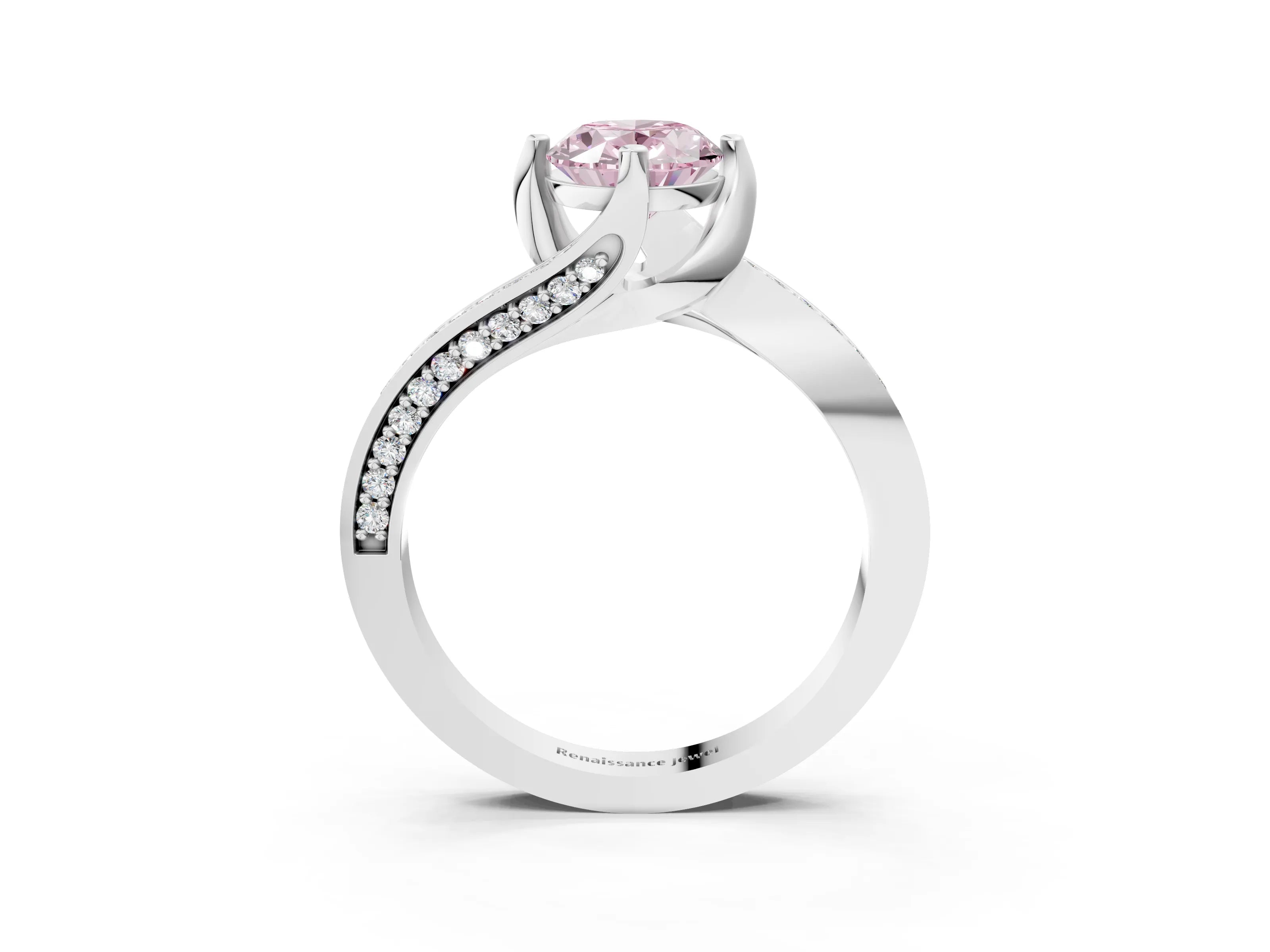 White gold Fancy Pink Oval Cut Solitaire Diamond Twist Band with Pavé Setting and Four-Prong Setting_15