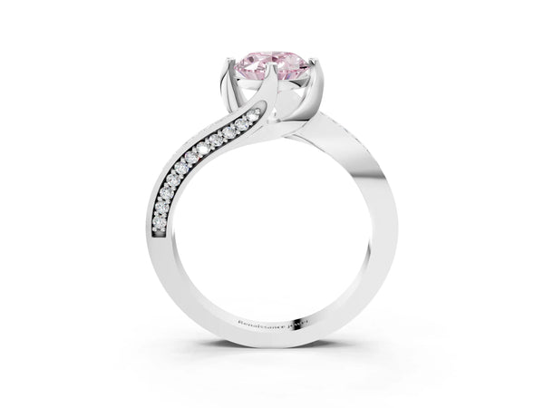 White gold Fancy Pink Oval Cut Solitaire Diamond Twist Band with Pavé Setting and Four-Prong Setting