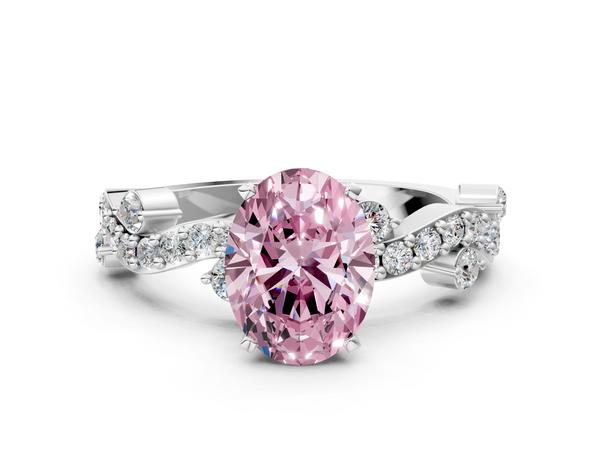 Platinum Fancy Pink Oval  Cut Solitaire Diamond Twisted Band with Pave Setting