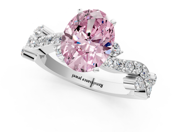 Platinum Fancy Pink Oval  Cut Solitaire Diamond Twisted Band with Pave Setting