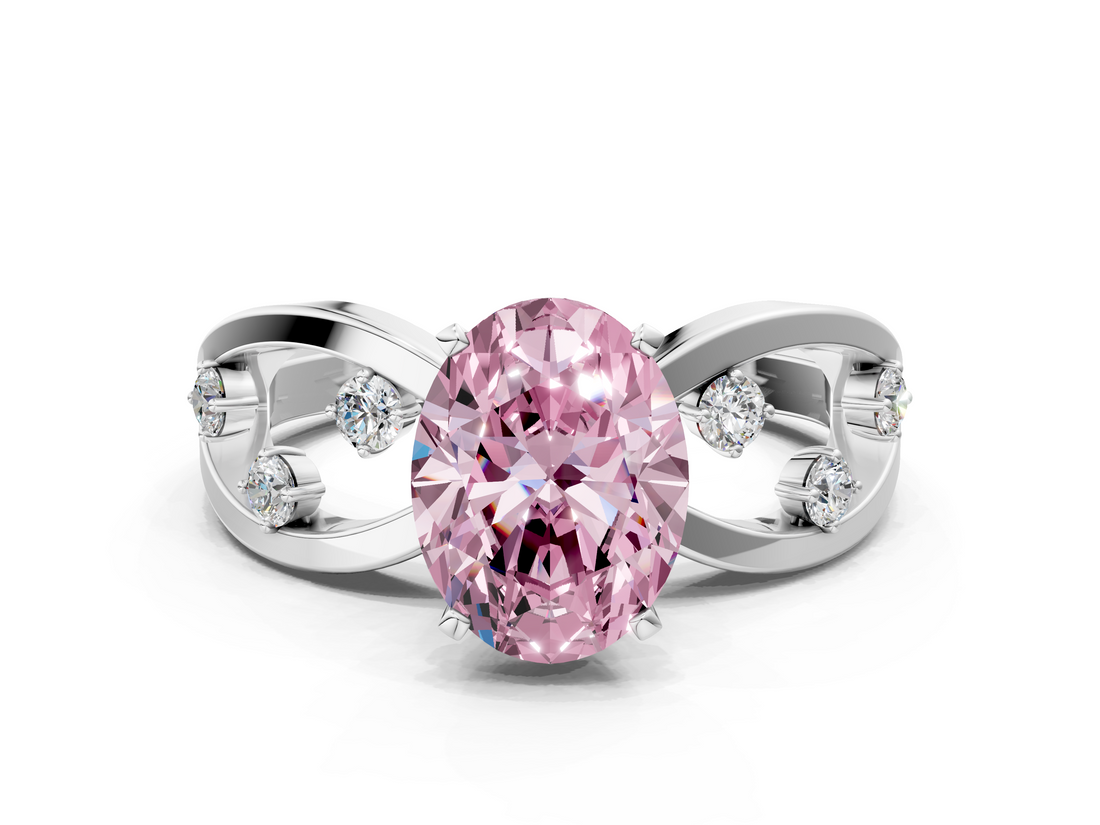 White gold Fancy Pink Oval  Cut Solitaire Diamond with Side Stones on Criss-Cross Band and Four-Prong Setting_3
