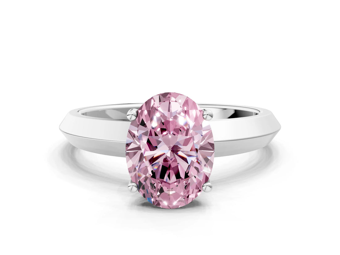 White gold Fancy Pink Oval  Cut Solitaire Engagement Ring with Flat Band and Four-Prong Setting 1