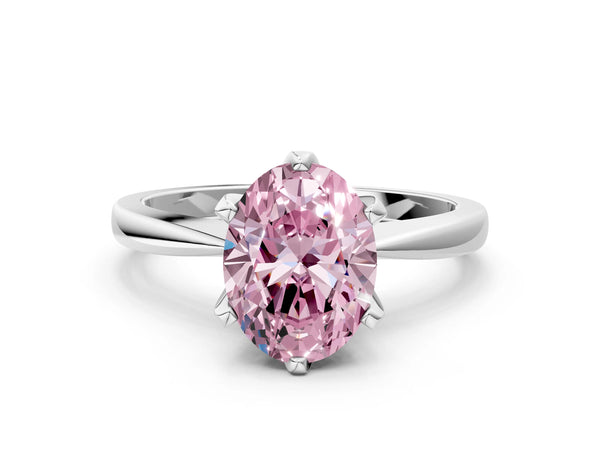 Platinum Fancy Pink Oval Cut Solitaire Engagement Ring with Six-Prong Setting and Tapered Band