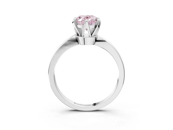 Platinum Fancy Pink Oval Cut Solitaire Engagement Ring with Six-Prong Setting and Tapered Band