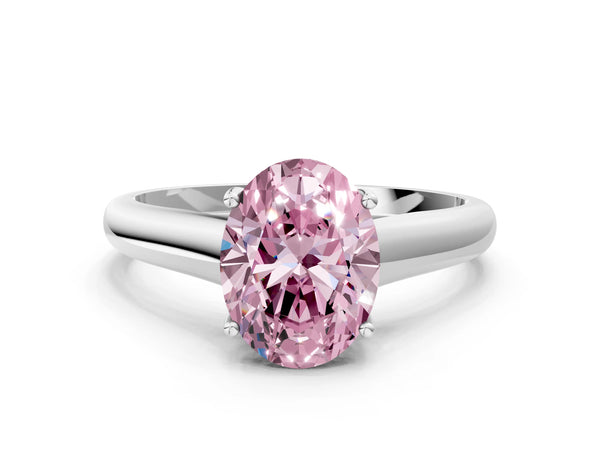 Platinum Fancy Pink Oval Cut Solitaire Engagement Ring with Tapered Band and Four-Prong Setting